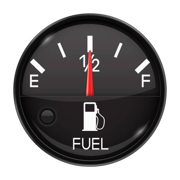 ilustrações de stock, clip art, desenhos animados e ícones de fuel gauge. half full tank. round black car dashboard 3d device - half tank