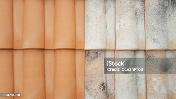 Before After Roof Restauration Tiles Half Clean And Dirty Stock Photo - Download Image Now