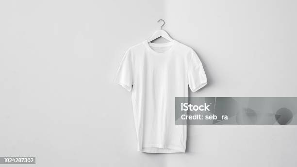 White Cotton Tshirt On Hanger Stock Photo - Download Image Now - T-Shirt, White Color, Template