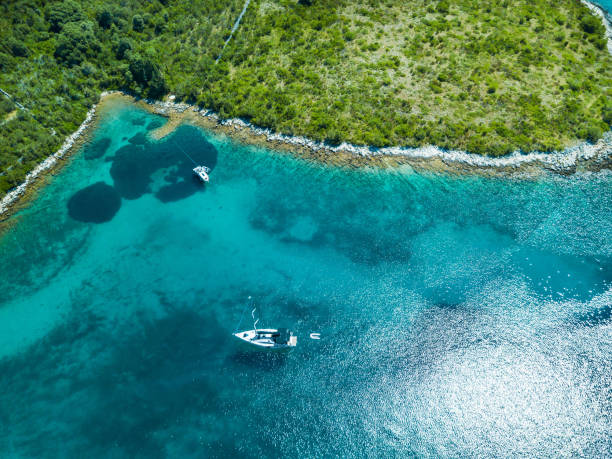 istock Anchored sailboat, view from drone 1024295986