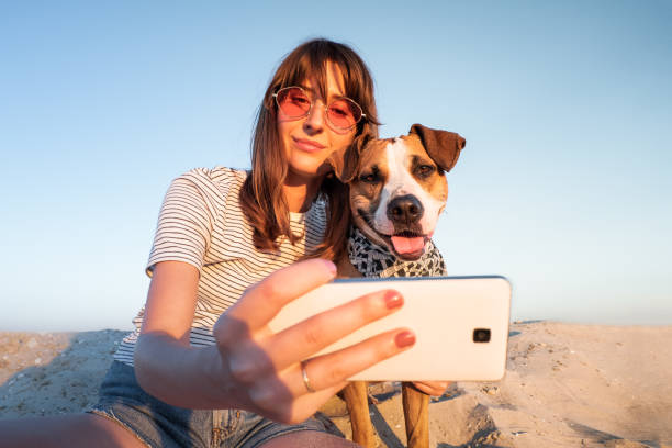 Best friends concept: human taking a selfie with dog. Young female makes self portrait with her puppy outdoors on a beach bandana photos stock pictures, royalty-free photos & images