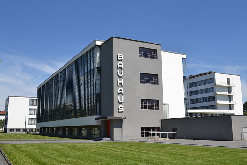 The building of the Bauhaus in Dessau. The Bauhaus was a design school founded in 1919 and closed in 1933. Between 1926 and 1932 it worked in this building. Designed by Walter Gropius.