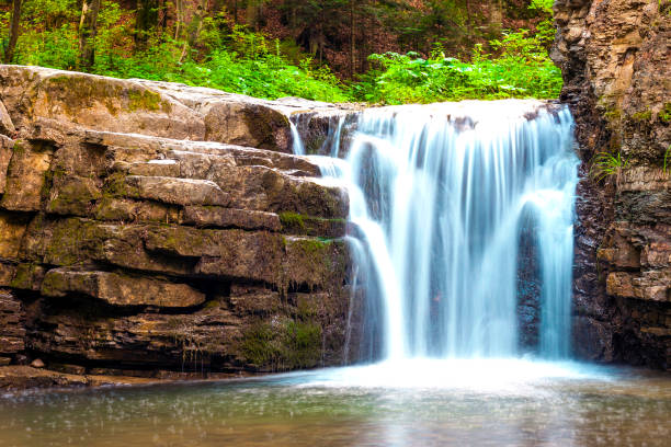 istock Little waterfall in mountain forest with silky foaming water 1024313462