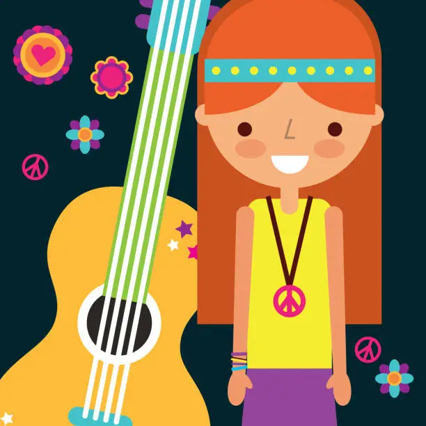 Vector illustration of hippie woman with guitar musical instrument retro