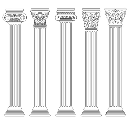 Roman column set, Greek pillar Ancient architecture, Greece Antique Doric, Ionic, Corinthian columns. Vector