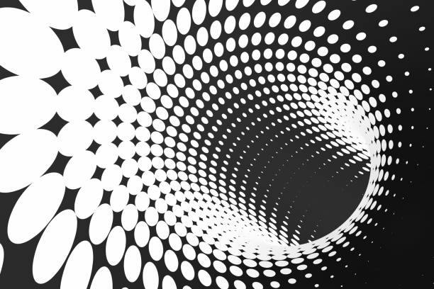 istock Black and white dotted spiral tunnel. Striped twisted spotted optical illusion. Abstract halftone background. 3D render. 1024357126