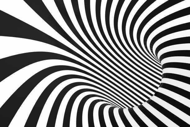 Black and white spiral tunnel. Striped twisted hypnotic optical illusion. Abstract background. 3D render. Fantastic infinite wallpaper.