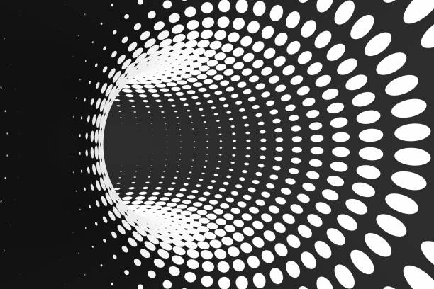 istock Black and white dotted spiral tunnel. Striped twisted spotted optical illusion. Abstract halftone background. 3D render. 1024357218