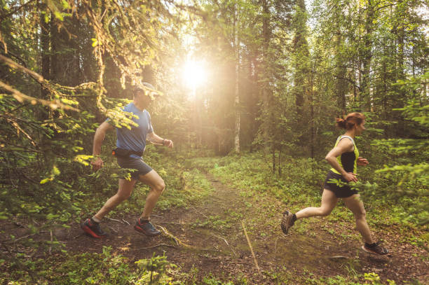 istock Middle-aged couple trail running in the forest 1024366856