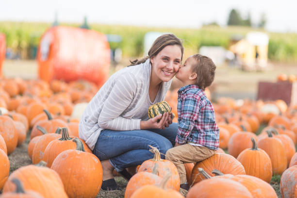 istock Mom and her little boy at the pumpkin patch 1024377394