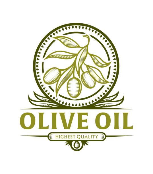 ilustraciones, imágenes clip art, dibujos animados e iconos de stock de icono de rama de olivo para aceite de oliva etiqueta - aceite de oliva