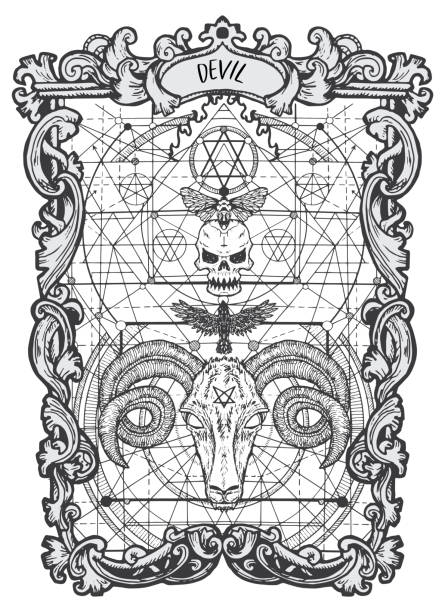 Devil. Major Arcana tarot card The Magic Gate deck. Fantasy engraved vector illustration with occult mysterious symbols and esoteric concept satan goat stock illustrations