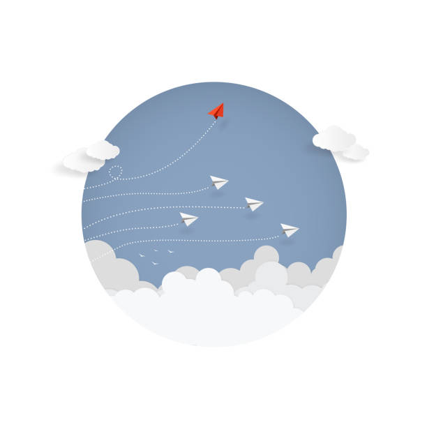 illustrations, cliparts, dessins animés et icônes de concept d’affaires. avion en papier rouge volant direction changeante sur le ciel bleu d’équipe de l’entreprise et une vision différente. chef de file, nouvelle idée, patron, directeur, concept gagnant, tendance. illustration vectorielle - air vehicle business airplane multi colored