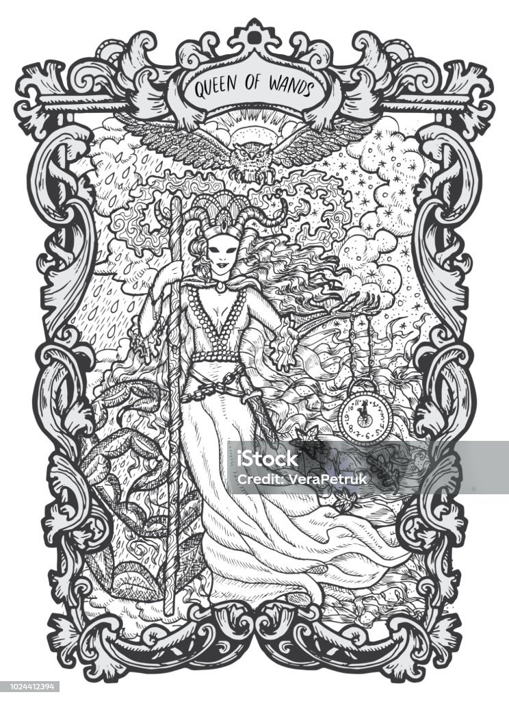 Queen of wands. Minor Arcana tarot card The Magic Gate deck. Fantasy engraved vector illustration with occult mysterious symbols and esoteric concept Border - Frame stock vector