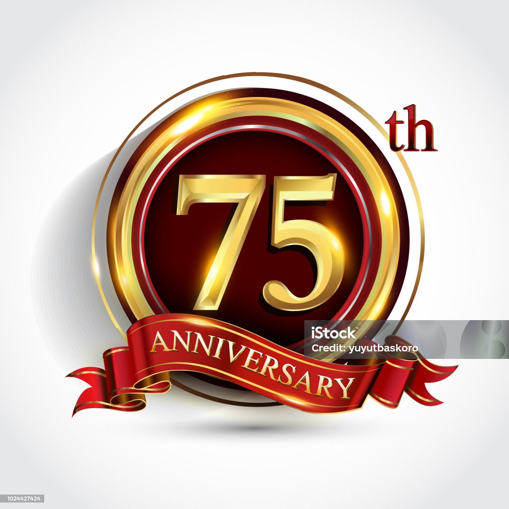 Golden anniversary sign with ring and red ribbon isolated on white background 75th golden anniversary sign with ring and red ribbon isolated on white background 75th Anniversary stock vector