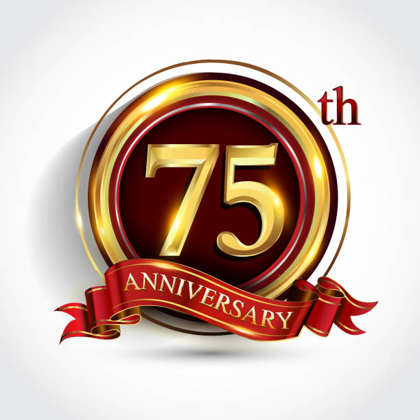 Golden anniversary sign with ring and red ribbon isolated on white background 75th golden anniversary sign with ring and red ribbon isolated on white background 75th anniversary stock illustrations