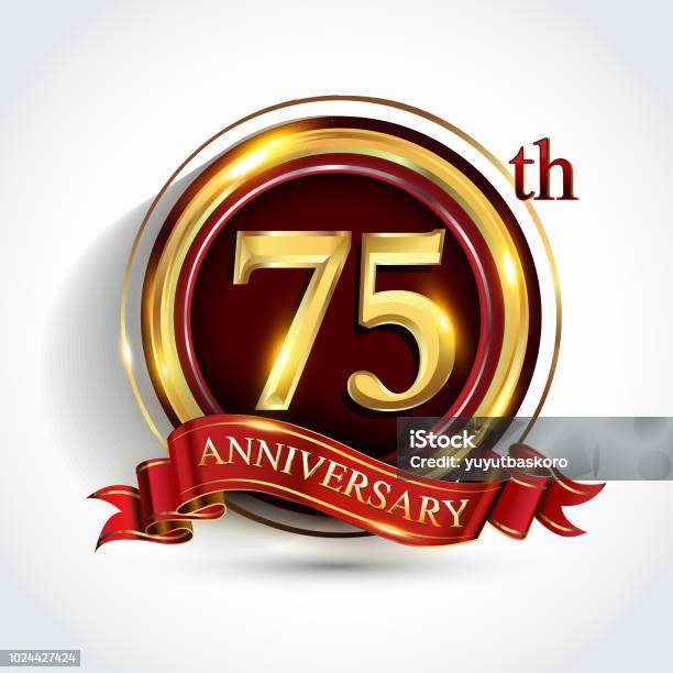 Golden Anniversary Sign With Ring And Red Ribbon Isolated On White Background Stock Illustration - Download Image Now