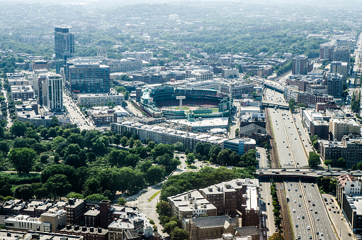 Boston Skyline with Fenway Park from above during summer day