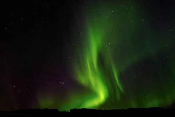 The Northern Lights, or the Aurora Borealis, glowing green in the night sky in Thingvellir National Park, Iceland