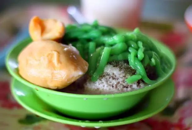 Durian Cendol : An iced sweet dessert that contains droplets of green rice flour jelly, coconut milk and palm sugar syrup. It is commonly found in Southeast Asia and is popular in Malaysia.