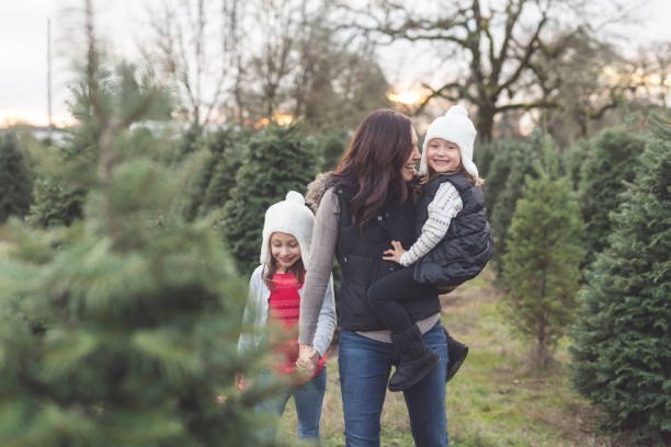 istock Mom walks with her two young daughters through a Christmas tree farm 1024484088