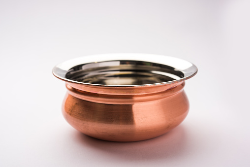 Empty Copper bowl or Handi over white background