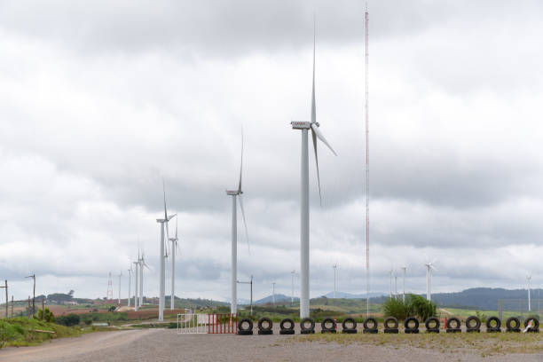 turbine eoliche che proiettano elettricità, paesaggio con colline a khao kho. - farm scenics landscape alternative energy foto e immagini stock