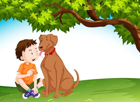 Dog licking young boy illustration