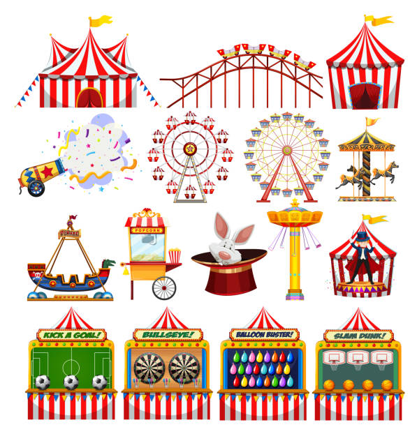 illustrazioni stock, clip art, cartoni animati e icone di tendenza di insieme di oggetti carnevalesca - ferris wheel