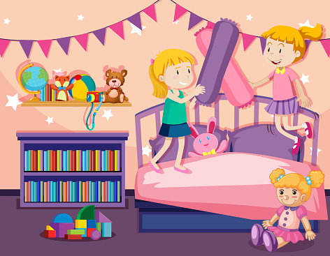 Two girls jumping on bed illustration