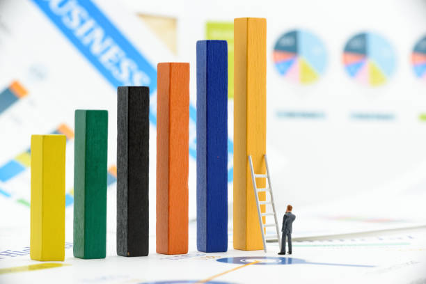 Microeconomics or factor of business decision making or starting a business concept : Miniature figurine businessman in formal business attire, stands toward a white ladder and wood bar graphs.