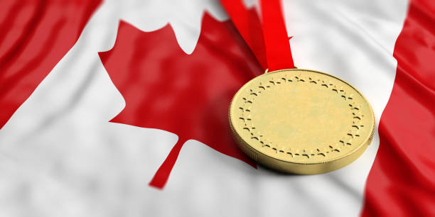 istock Gold medal on Canada flag. Horizontal, full frame closeup view. 3d illustration 1024534842