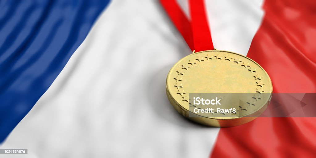 Medalla de oro en la bandera de Francia. Vista de cerca de marco horizontal, completo. Ilustración 3D - Foto de stock de Francia libre de derechos