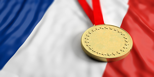 Gold medal on waving France flag. Horizontal, full frame, closeup view. 3d illustration