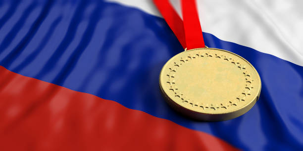 istock Gold medal on Russia flag. Horizontal, full frame closeup view. 3d illustration 1024534886