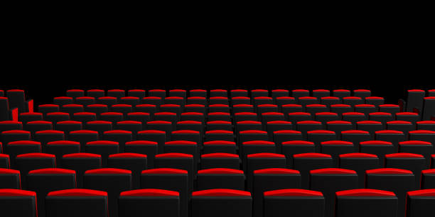 istock Cinema chairs on black background, view from behind, copyspace. 3d illustration 1024534916