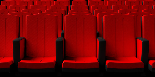 Red theater chairs background, front view. 3d illustration