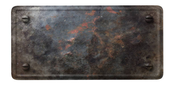 istock Rusty black metal plate with bolts isolated on white background. 3d illustration 1024534946