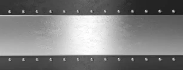 Photo of Silver black metal plate with bolts, banner. 3d illustration