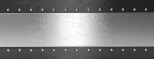 srebrna czarna metalowa płyta ze śrubami, baner. ilustracja 3d - aluminum brushed metal steel zdjęcia i obrazy z banku zdjęć