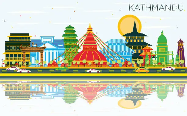 Vector illustration of Kathmandu Nepal City Skyline with Color Buildings, Blue Sky and Reflections.