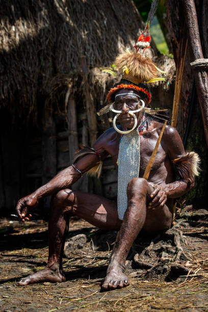 Man of the Dani tribe in traditional clothing, West-Papua Baliem-Valley, New Guinea, Indonesia - August 22, 2017: Young man of the Dani  people (also spelled as Ndani). He is traditionally dressed and wearing also the typical Koteka (penis sheath or gourd). The Dani inhabit the Baliem Valley in the central highlands of West Papua (the Indonesian part of New Guinea). koteka stock pictures, royalty-free photos & images