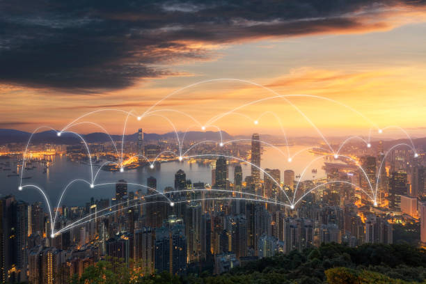 Wireless communication network in Big city concept. IoT(Internet of Things). ICT(Information Communication Technology) Wireless communication network in Big city concept. IoT(Internet of Things). ICT(Information Communication Technology) integration summit stock pictures, royalty-free photos & images