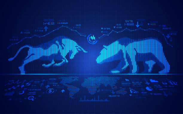stock market concept of stock market exchange, graphic of bull and bear combined with candlestick bull market stock illustrations