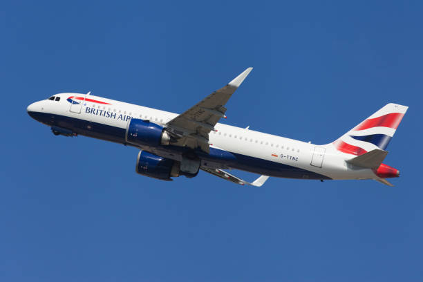 British Airways Airbus A320neo Barcelona, Spain - August 15, 2018: British Airways Airbus A320neo taking off from El Prat Airport in Barcelona, Spain. british airways stock pictures, royalty-free photos & images