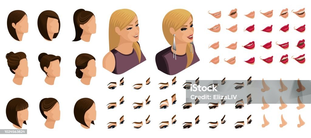 Isometrics Create Your Emotions And Hairstyles For The Girl Sets Of 3d  Hairstyles Faces Eyes Lips Nose Facial Expression Qualitative Vector  Isometry Stock Illustration - Download Image Now - iStock