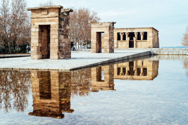 Madrid, Spain - January 13, 2018:  Temple Of Debod and water reflection Against Sky
