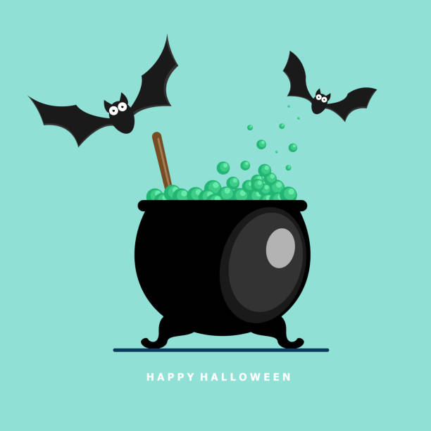 ilustraciones, imágenes clip art, dibujos animados e iconos de stock de murciélago de halloween feliz con poción hirviendo - witch halloween cauldron bat