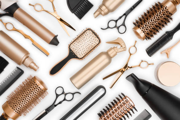 full frame of professional hair dresser tools on white background - full hair imagens e fotografias de stock