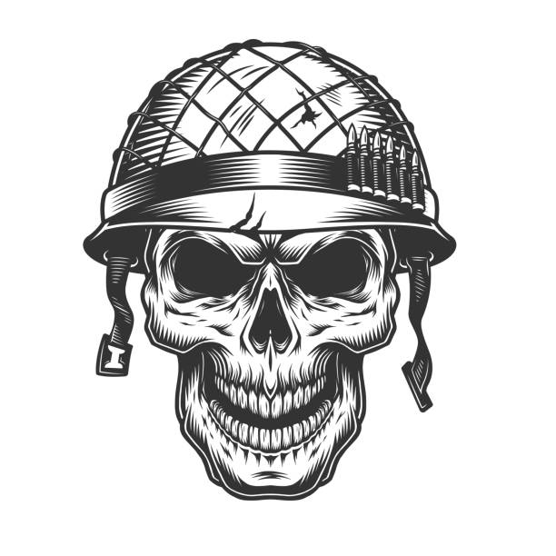 ilustraciones, imágenes clip art, dibujos animados e iconos de stock de cráneo en el casco de soldado - casco militar